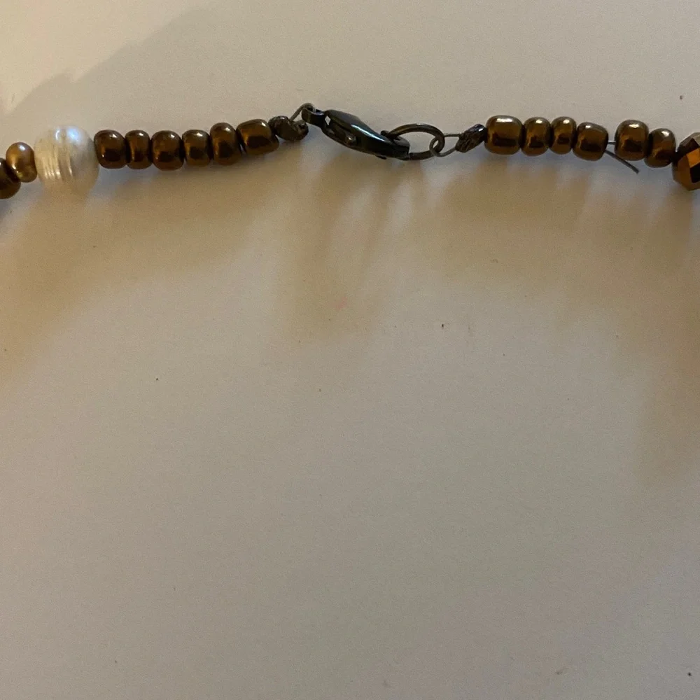 Beaded Necklace Featuring Grey, Brown and White Beads Including Pearls 17” L